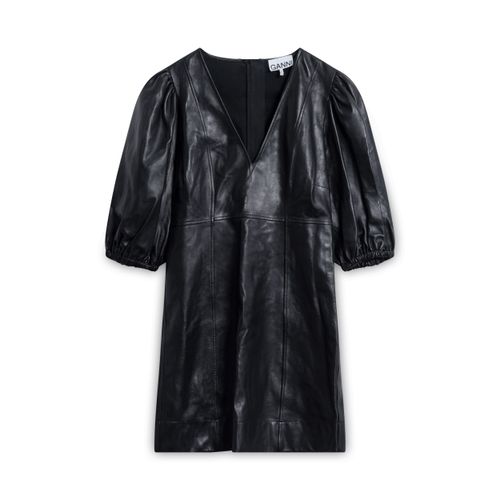 GANNI Black Puff-Sleeve Lambskin Leather Mini Dress