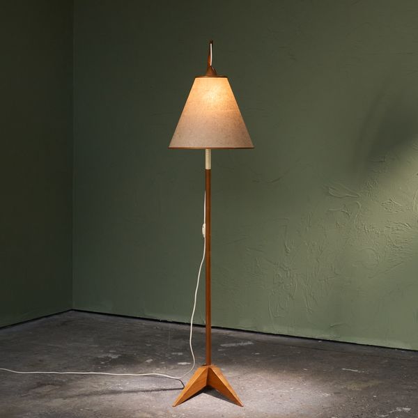 Floor Lamp with Wooden Stem and Fiberglass Shade, Scandinavian