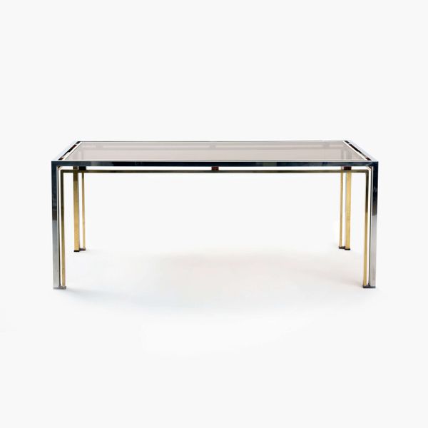 Dining Table in Chrome and Brass with Smoked Glass Top by Romeo Rega, 1970