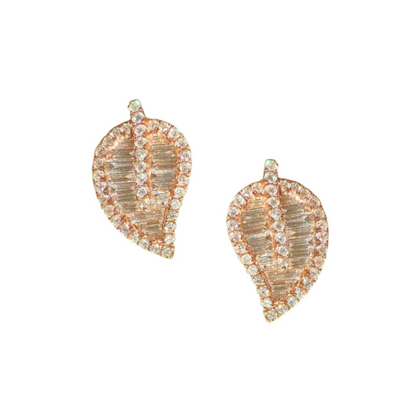 14k Rose Gold Baguette Diamond Leaf Stud Earrings