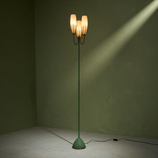 Green Lacquer and Brass Floor Lamp with 3 Opaline Glass Shades, Italy, 1960s