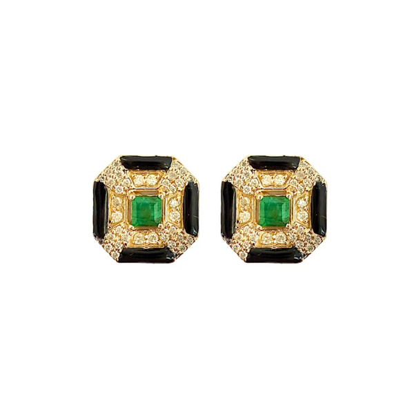 14k Yellow Gold Emerald Onyx Diamond Stud Earrings