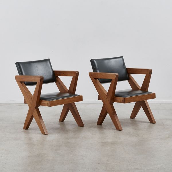Pierre Jeanneret Pair of Teak and Leather Armchairs, 1960s