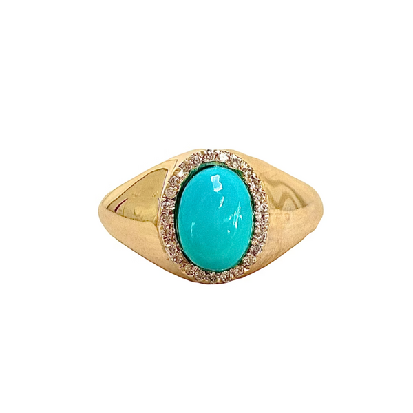 14k Yellow Gold Diamond and Oval Turquoise Cabochon Ring