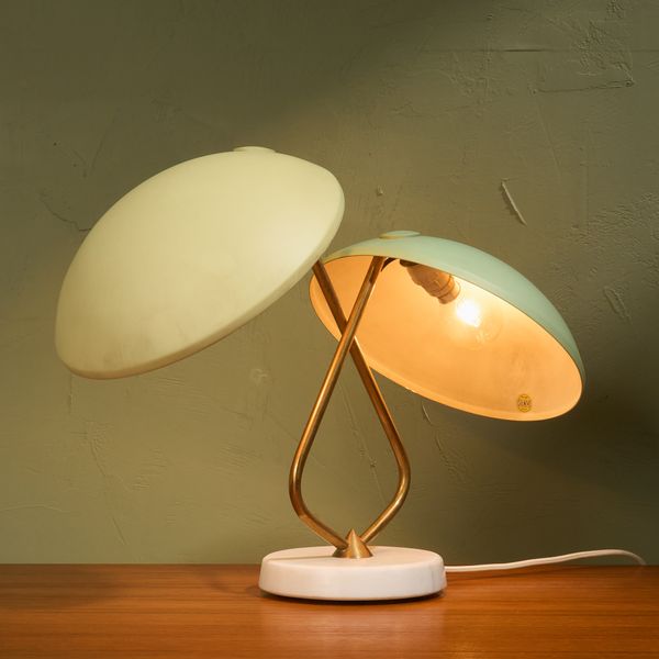Table Lamp with 2 Shades in Pastel Yellow and Green with Brass Details for Stilnovo, Italy 1950s