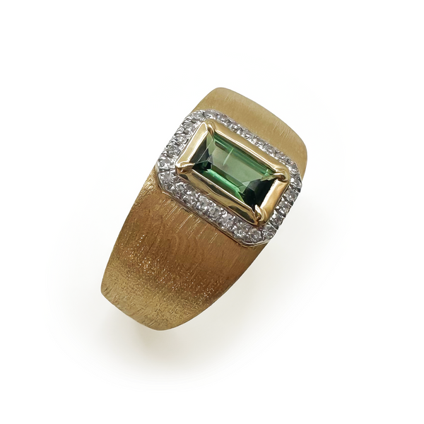 14k YG Green tourmaline, diamond ring