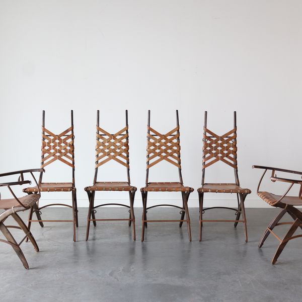 Set of 6 Oak, Iron & Leather Dining Chairs by Alberto Marconetti