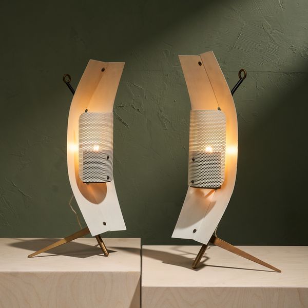 Pair of Sculptural Table/Wall Lamps In Brass and Perforated Metal by Gastone Colliva, Italy, 1950s