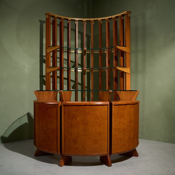Circular Dry Bar and Sculptural Shelving Unit in Burlwood and Brass, Italy 1970s