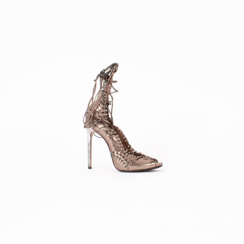 Alaia Burnished Gold Leather Peep Toe Lace Up Heels