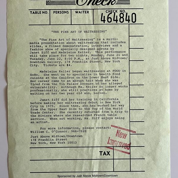 The Fine Art of Waitressing at Just Above Midtown Gallery, 1982