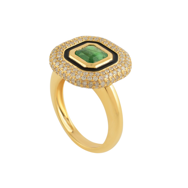 14k YG Black Enamel, Emerald, Diamond Ring