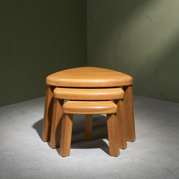 Set of 3 Triangular Shaped Nesting Tables in Solid Oak, Europe 1970s