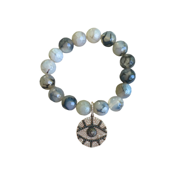 14k Diamond Evil Eye Charm and Beaded Tiger Eye Bracelet