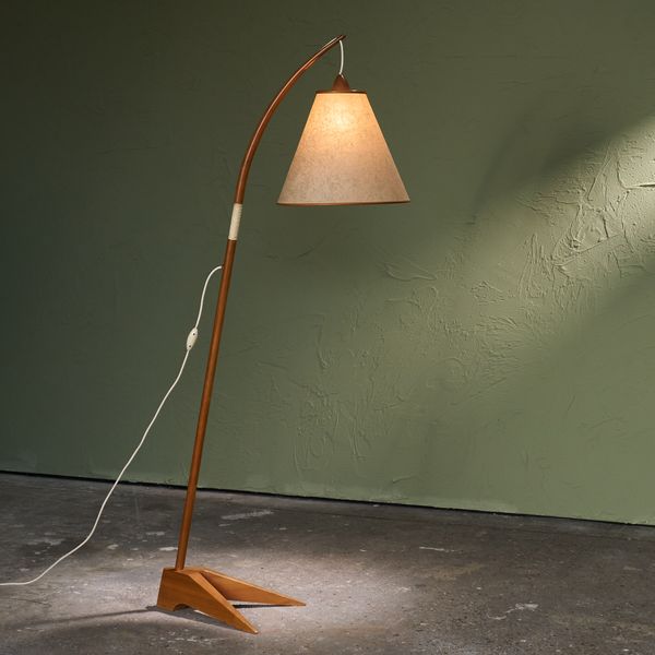 Floor Lamp with Wooden Stem and Fiberglass Shade, Scandinavian