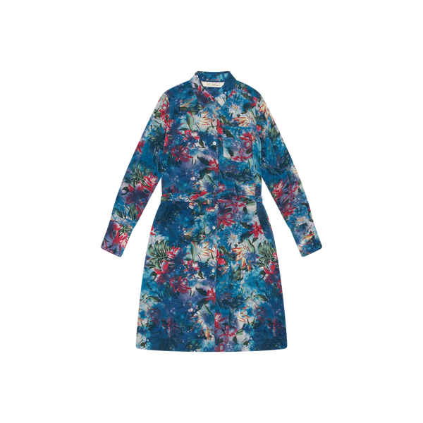 La Bohéme Blue Floral Silk Shirt Dress