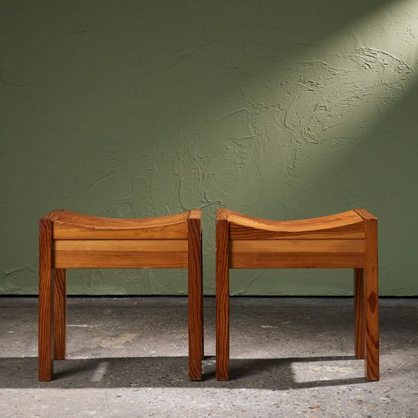 Pair of Pine Stools with Curved Seat, France, 1960s