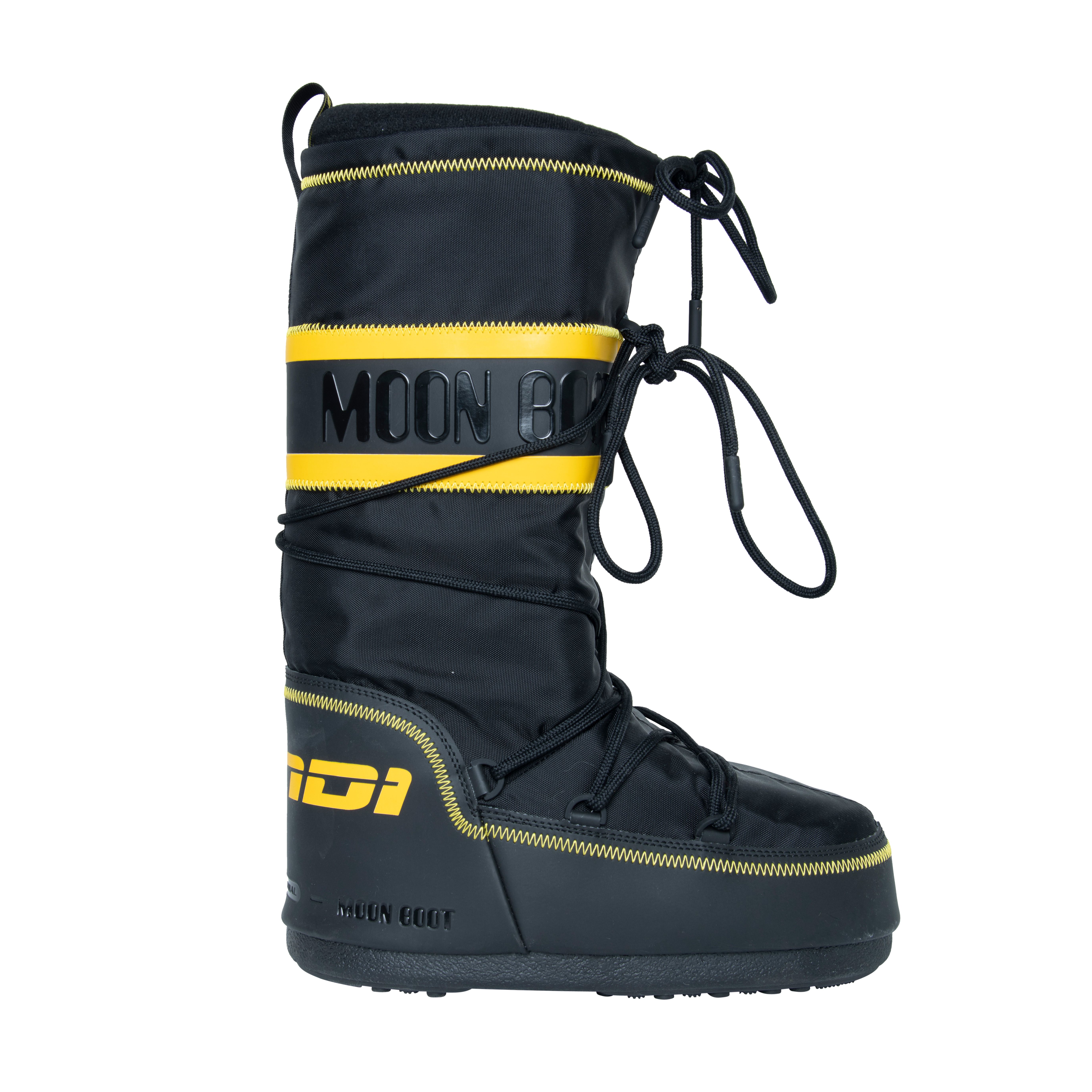 Fendi Black and Yellow Logo Striped Moon Boots by Emma Marciano