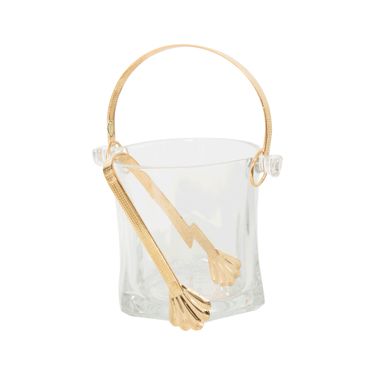 Vintage Italian Gold and Glass Ice Bucket with Gold Tongs 