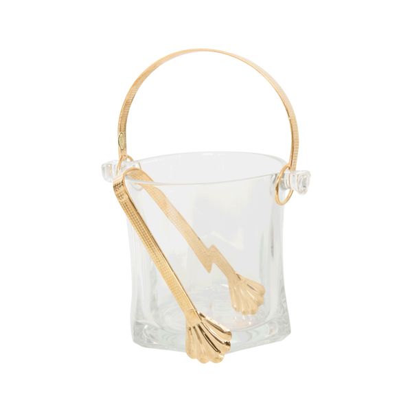 Vintage Italian Gold and Glass Ice Bucket with Gold Tongs