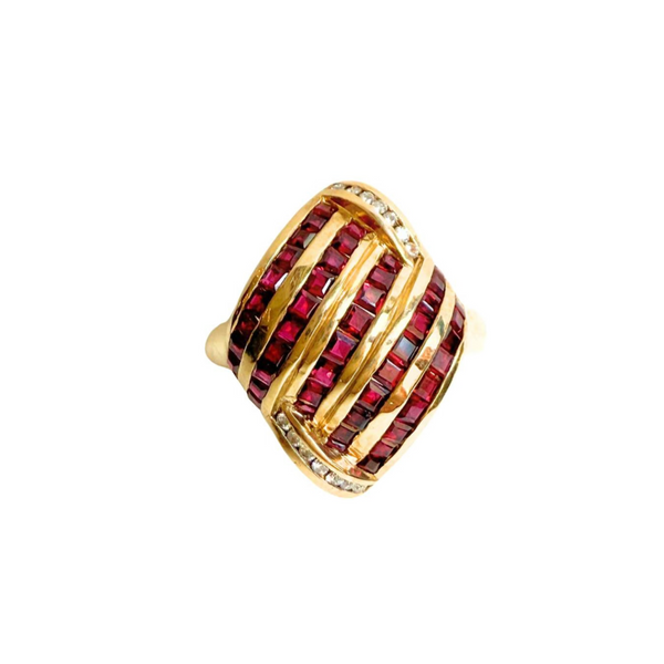 Vintage 18k Yellow Gold Elongated Ruby & Diamond Channel Set Ring