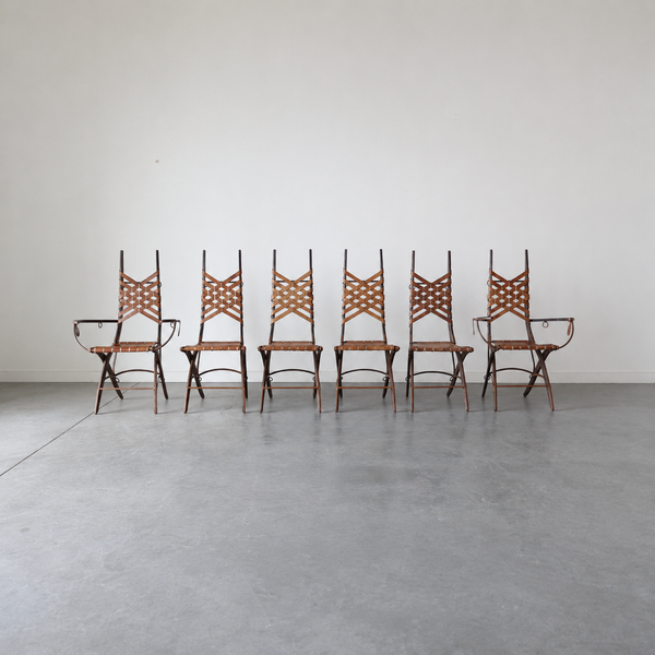 Set of 6 Oak, Iron & Leather Dining Chairs by Alberto Marconetti