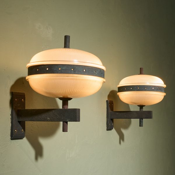 Pair of Wall Lights in Patinated Metal and Structured Glass, Italy 1960s