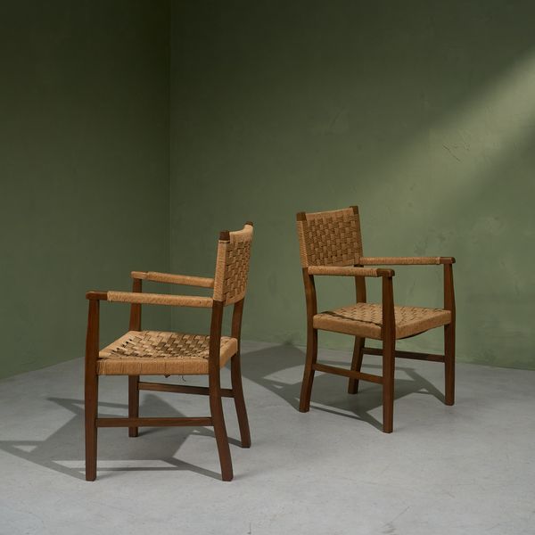 Pair of Arm Chairs with Oak Frame and Seagrass Webbing, Italy 1940s
