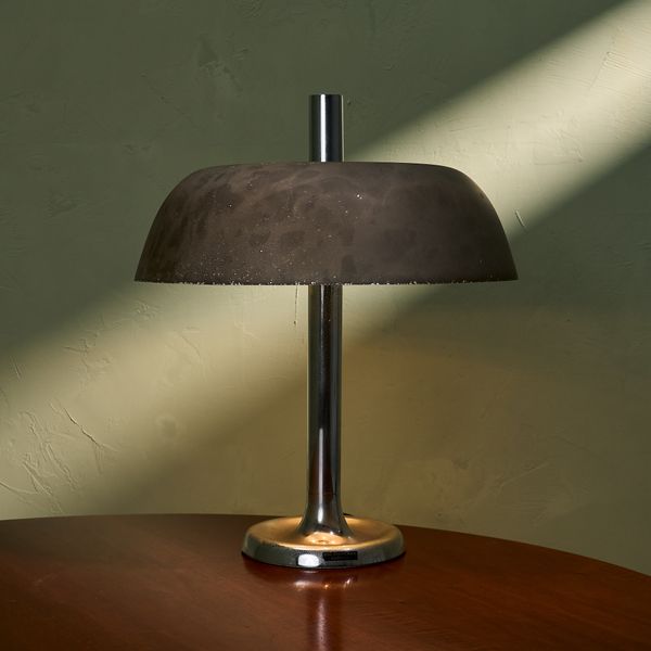 Large Table Lamp with Patinated Shade and Chrome Plated Metal Base by Heinz F.W. Stahl for Hillebrand, Germany 1960s