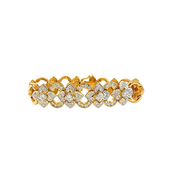 Vintage 18k Yellow Gold Diamond Floral & Oval Link Bracelet
