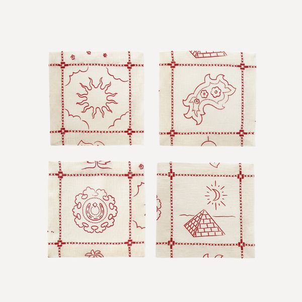 Cocktail Napkins in Red Border Print- Set of 4