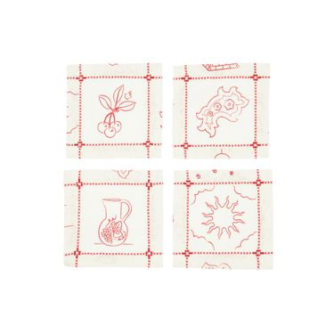 Cocktail Napkins in Red Border Print- Set of 4