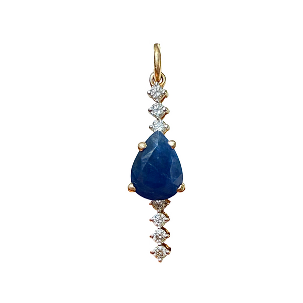 14k Yellow Gold Pear Cut Blue Sapphire and Diamond Pendant