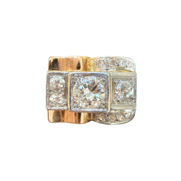 French 1940s Art Deco Diamond Tank Ring Platinum & 18k Gold