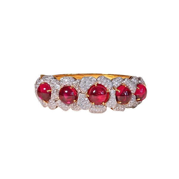 Vintage 18k Ruby & Diamond Floral Bangle Bracelet