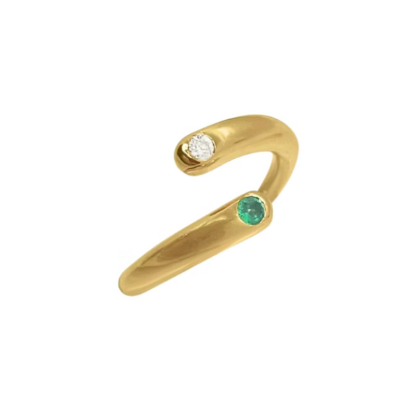 14k Yellow Gold Emerald and Diamond Spiral Bypass Ring