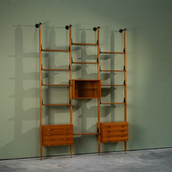Large Modular Wall Unit in Teak and Brass, Italy, 1960s