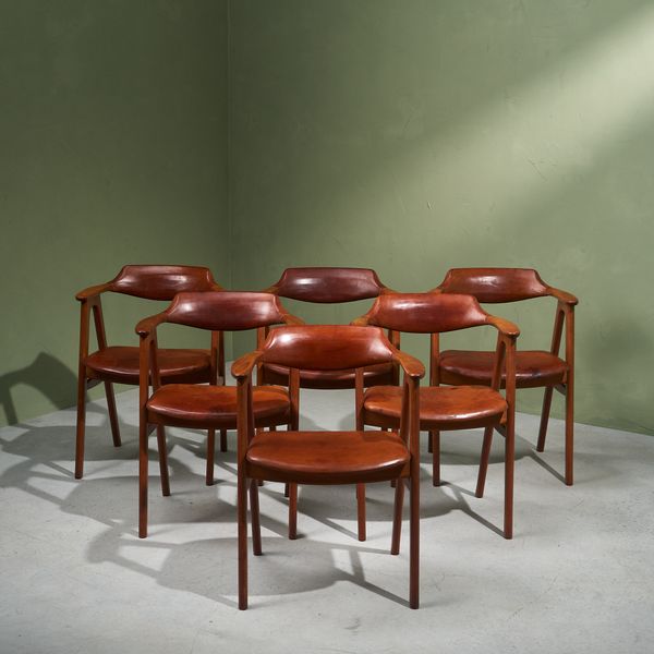 Set of 6 Dining Chairs with Armrest in Teak and Original Cognac Leather by Erik Kirkegaard, Denmark, 1952
