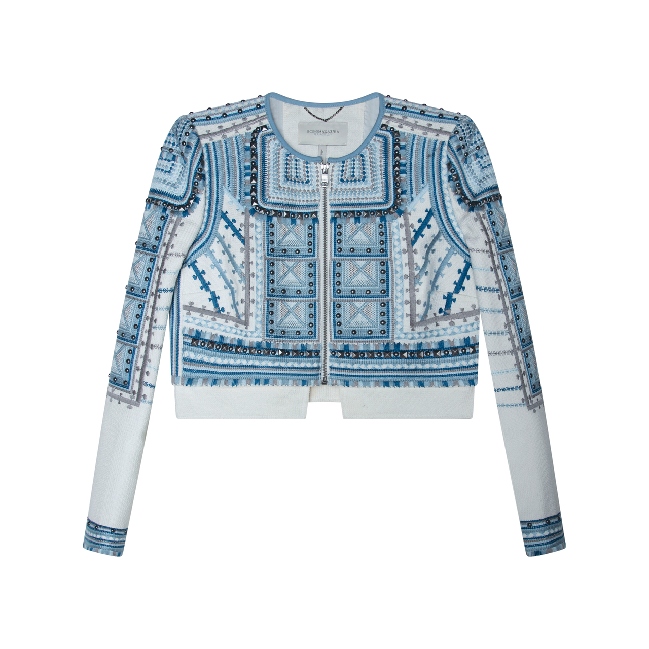 BCBGMAXAZRIA Runway Blue Embroidered and Studded Jacket by Agnes 