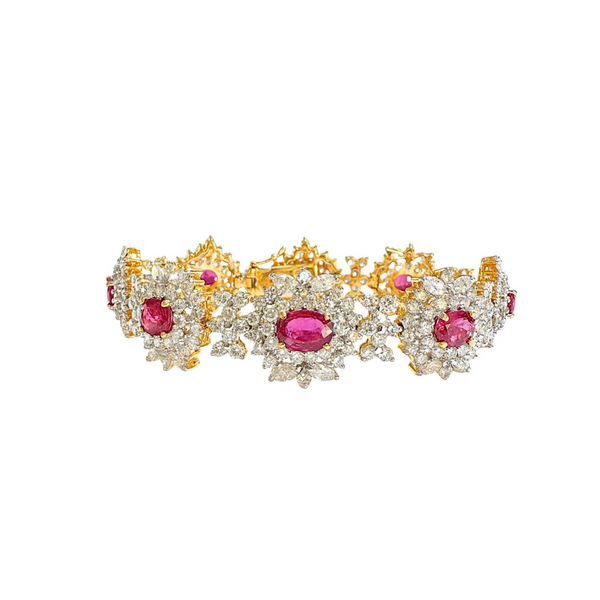 Vintage 18k Yellow Gold Ruby & Diamond Cluster Tennis Bracelet