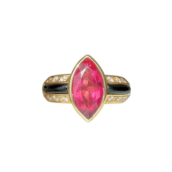 18k Yellow Gold Pink Tourmaline Marquise Ring with Onyx & Diamond Accents