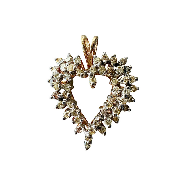 14K Yellow Gold Diamond Cluster Open Heart Pendant