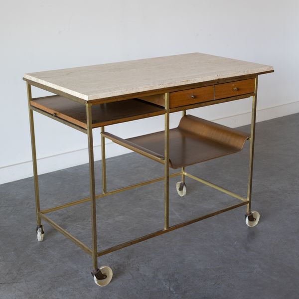 Travertine, Brass and Mahogany Bar Cart by Paul McCobb for Calvin Irwin Collection, 1952