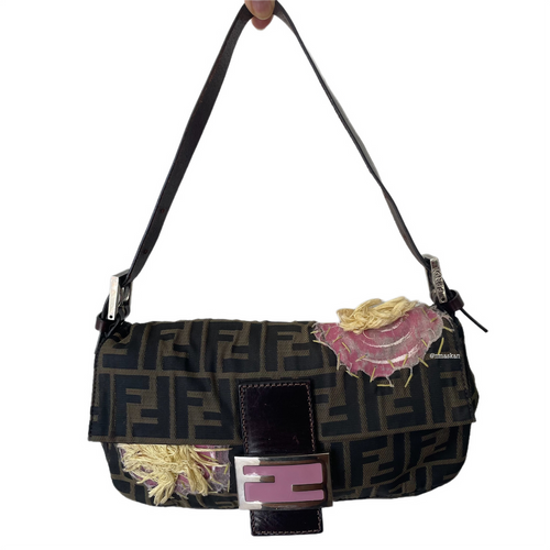 Fendi Zucca Floral Embroidered Baguette