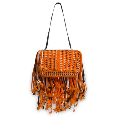 Emilio Pucci Orange Fringed Leather-Trimmed Macrame Shoulder Bag