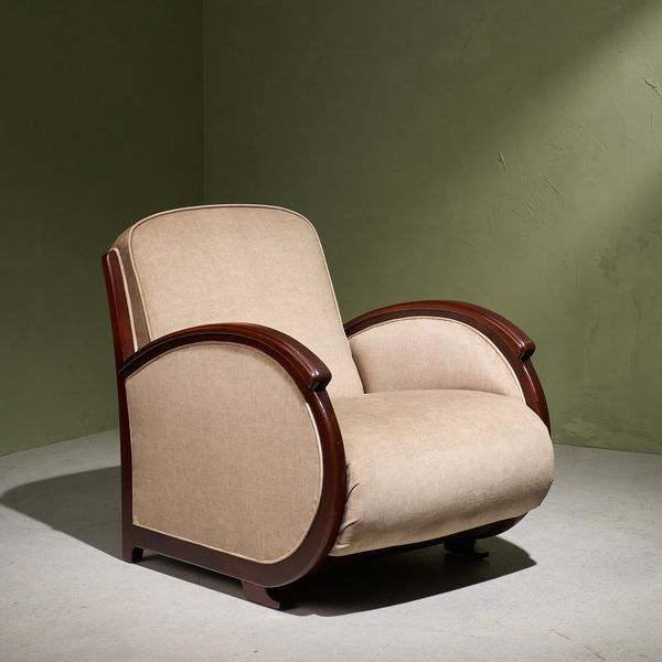 Art Deco Lounge Chair in Ivory Upholstery and Mahogany, France 1930s