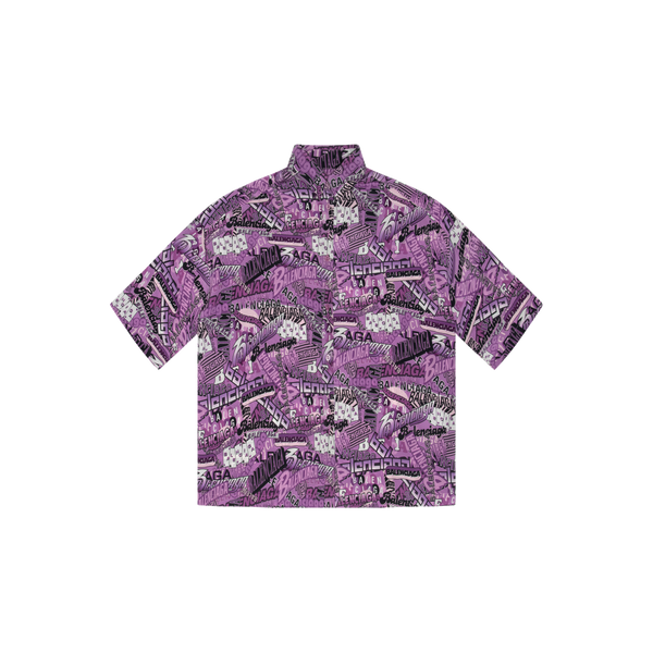 Balenciaga Purple Logo Print Silk Button Up