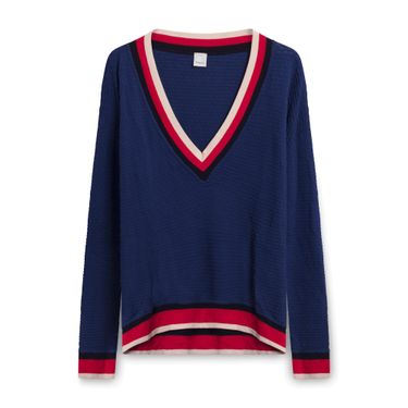 Pinko Ribbed Sweater with Striped Collar and Waist - Navy