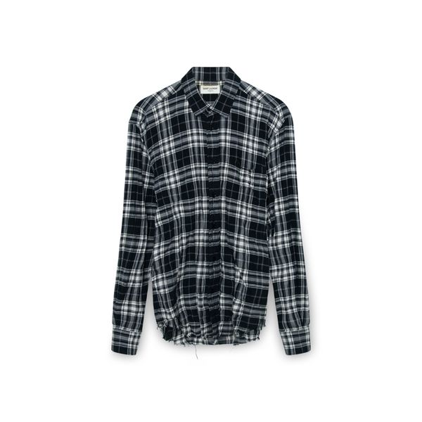 Saint Laurent Black Raw Hem Plaid Button Up