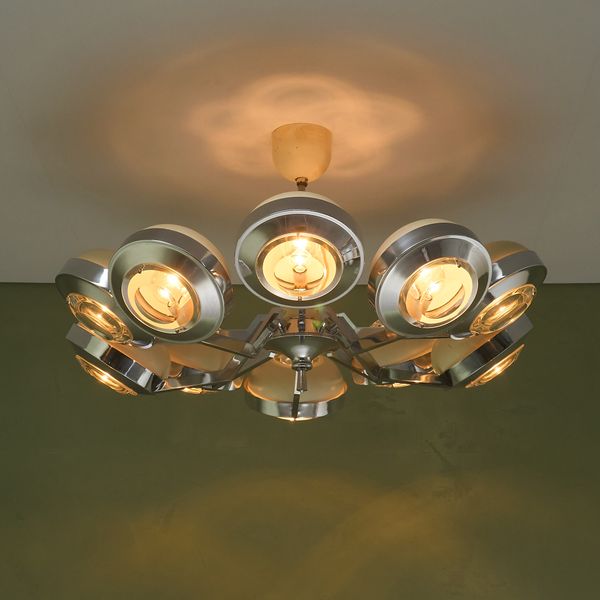 Large 10 Armed Round Chandelier with Glass Lens Diffusors by Oscar Torlasco, Italy 1970s
